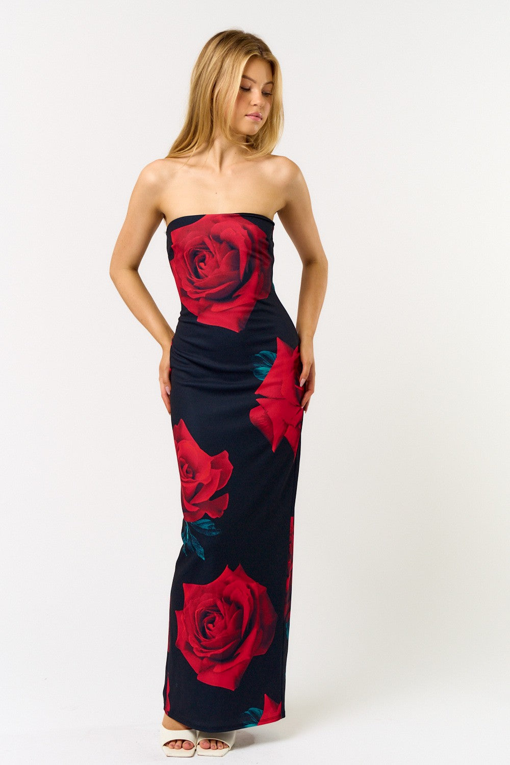 Rose Print Strapless Tube Maxi Dress