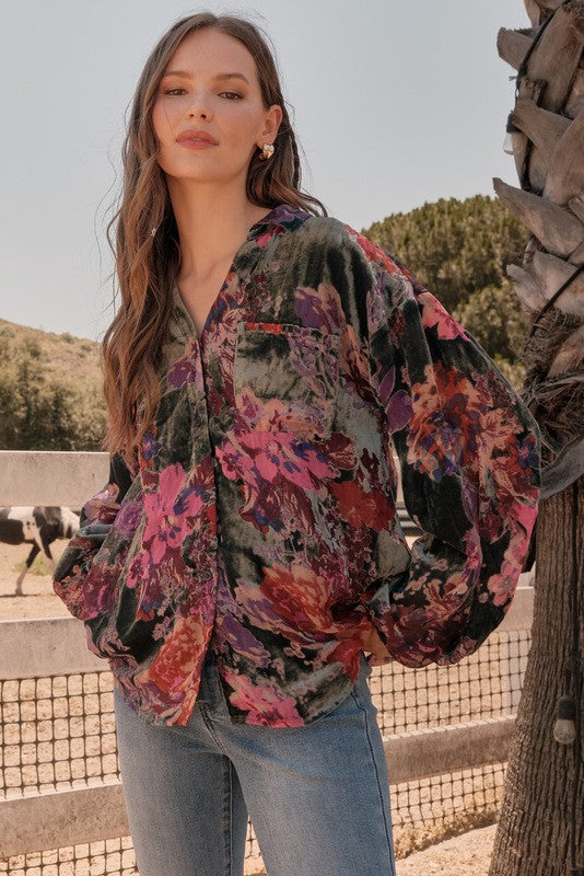 Velvet Floral Print Top