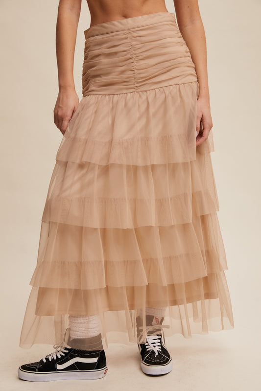 Cinched Tiered Romantic Mesh Skirt