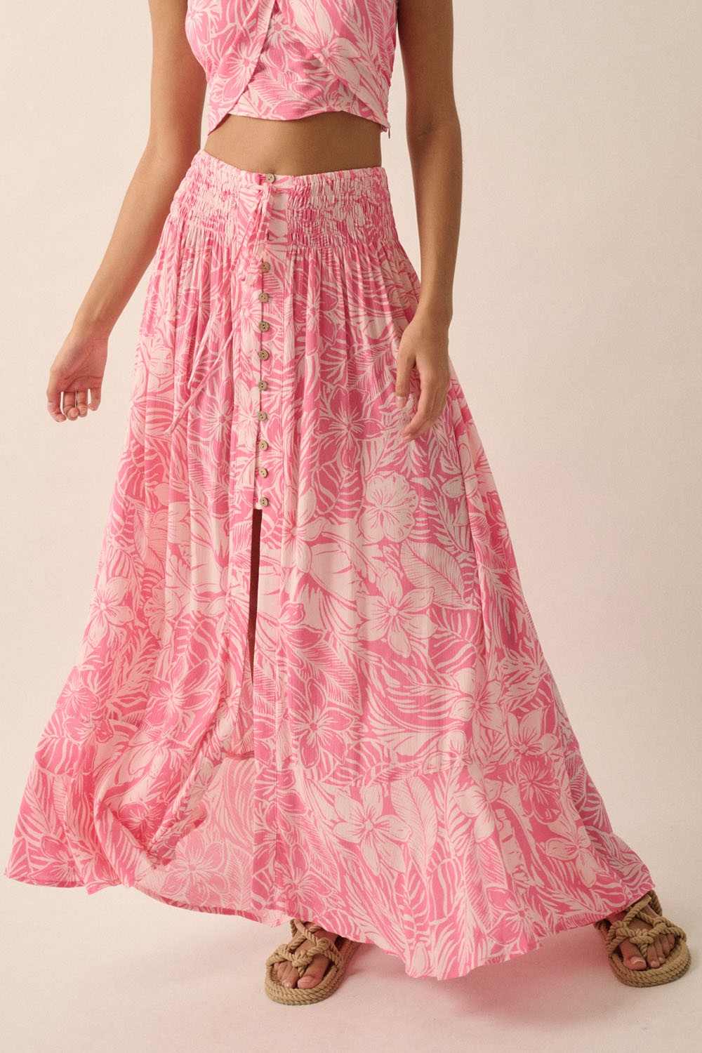 Floral Crepe Smocked High Waist Maxi Skirt