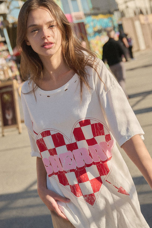 Cherry Heart Checker Oversized Distressed Tee