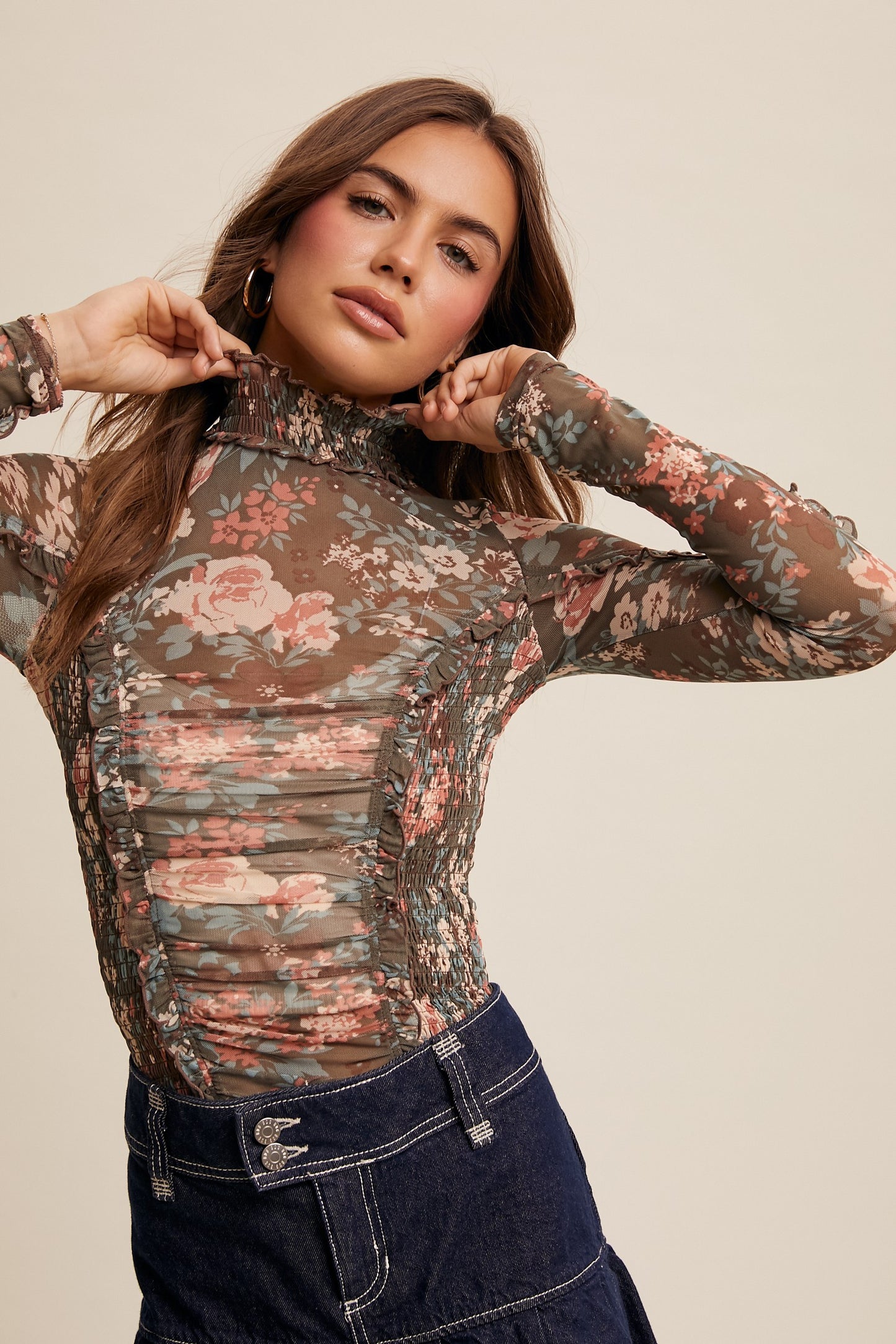 Catalina Floral Smocked Mesh Top