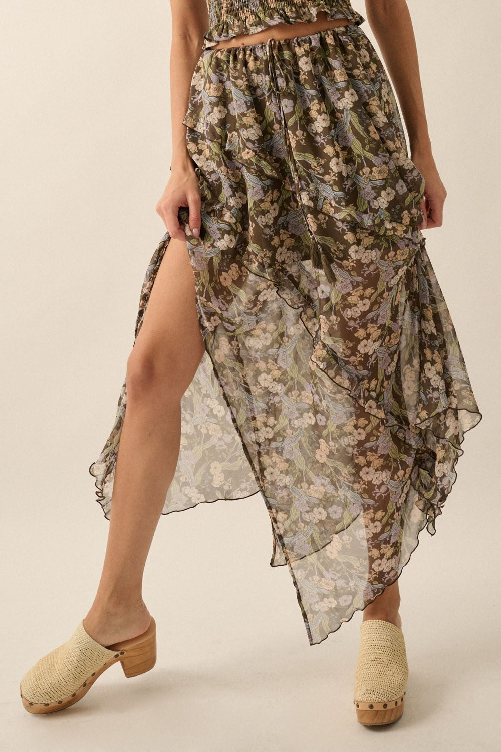 Asymmetrical Tiered Ruffle Chiffon Midi Skirt