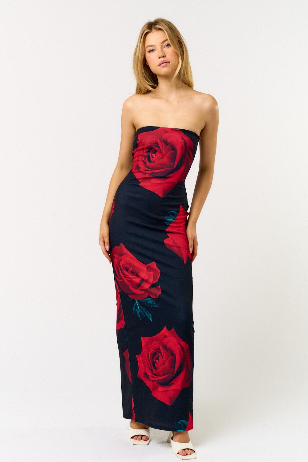 Rose Print Strapless Tube Maxi Dress