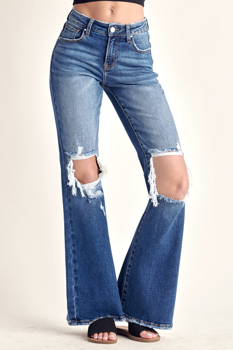 Mid Rise Distressed Flare Jean