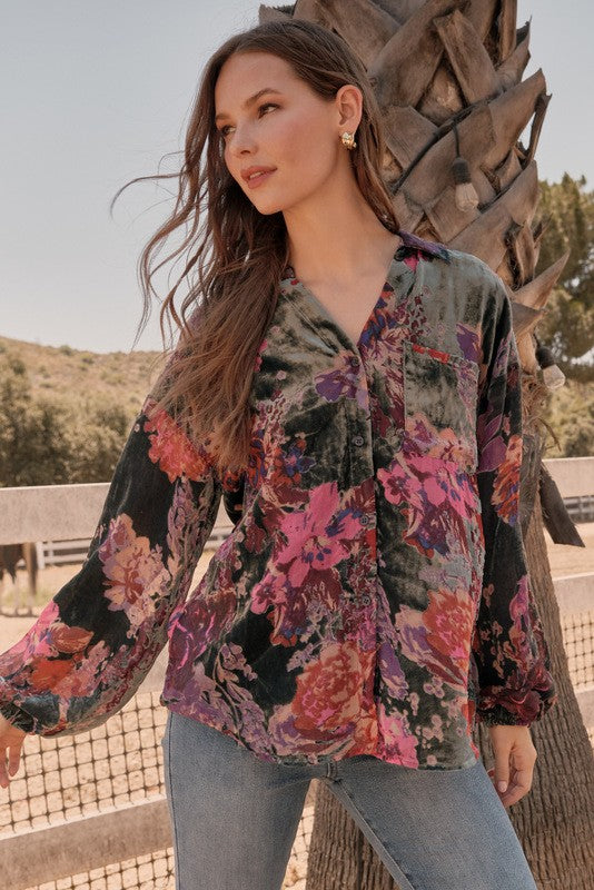 Velvet Floral Print Top