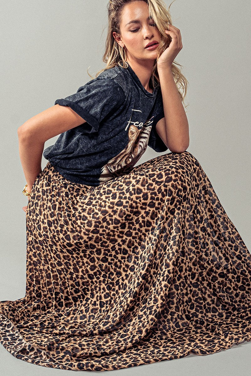 Pleated Leopard Maxi Skirt