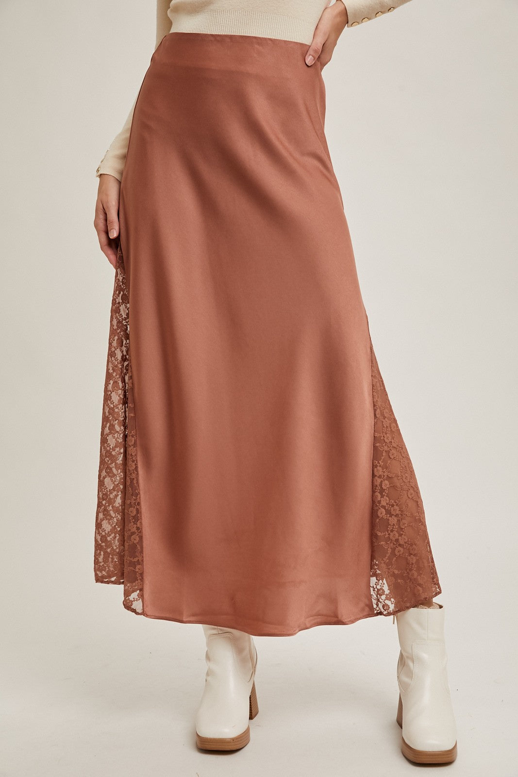 Lace Trimmed Satin Midi Skirt