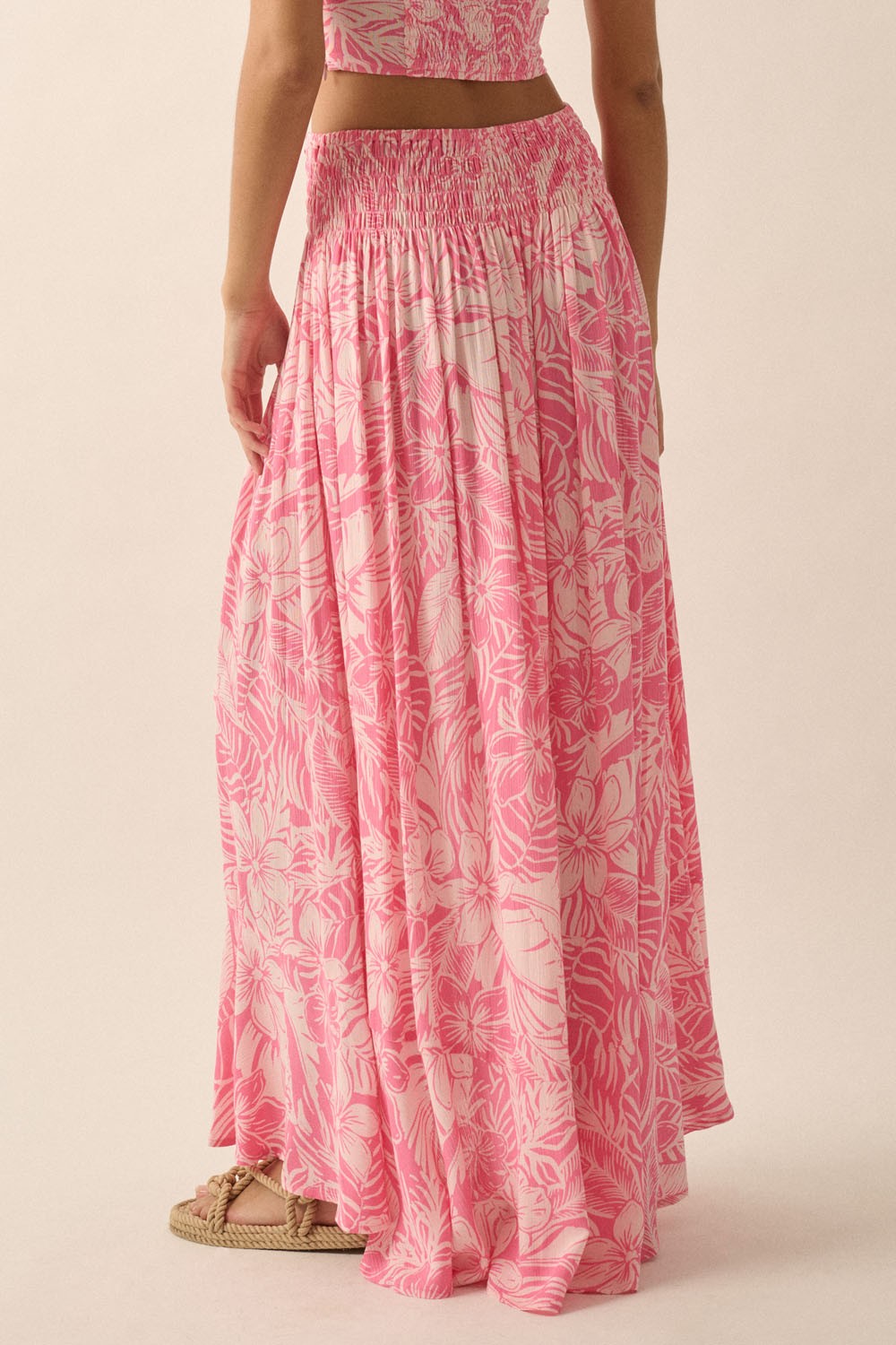 Floral Crepe Smocked High Waist Maxi Skirt