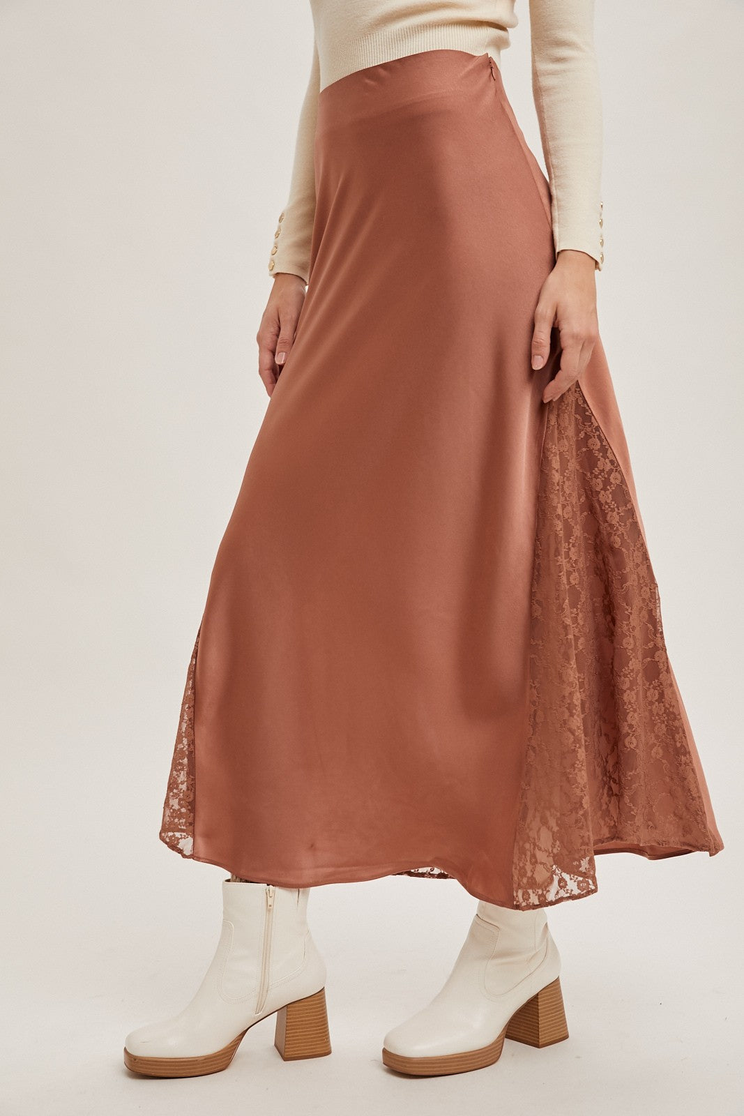 Lace Trimmed Satin Midi Skirt