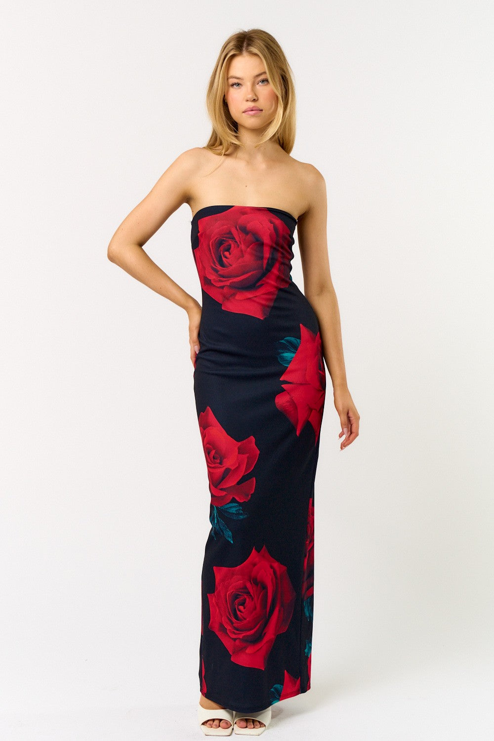 Rose Print Strapless Tube Maxi Dress