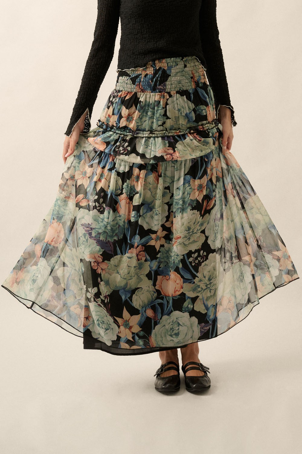 Floral Sheer Smocked Waist Maxi Skirt