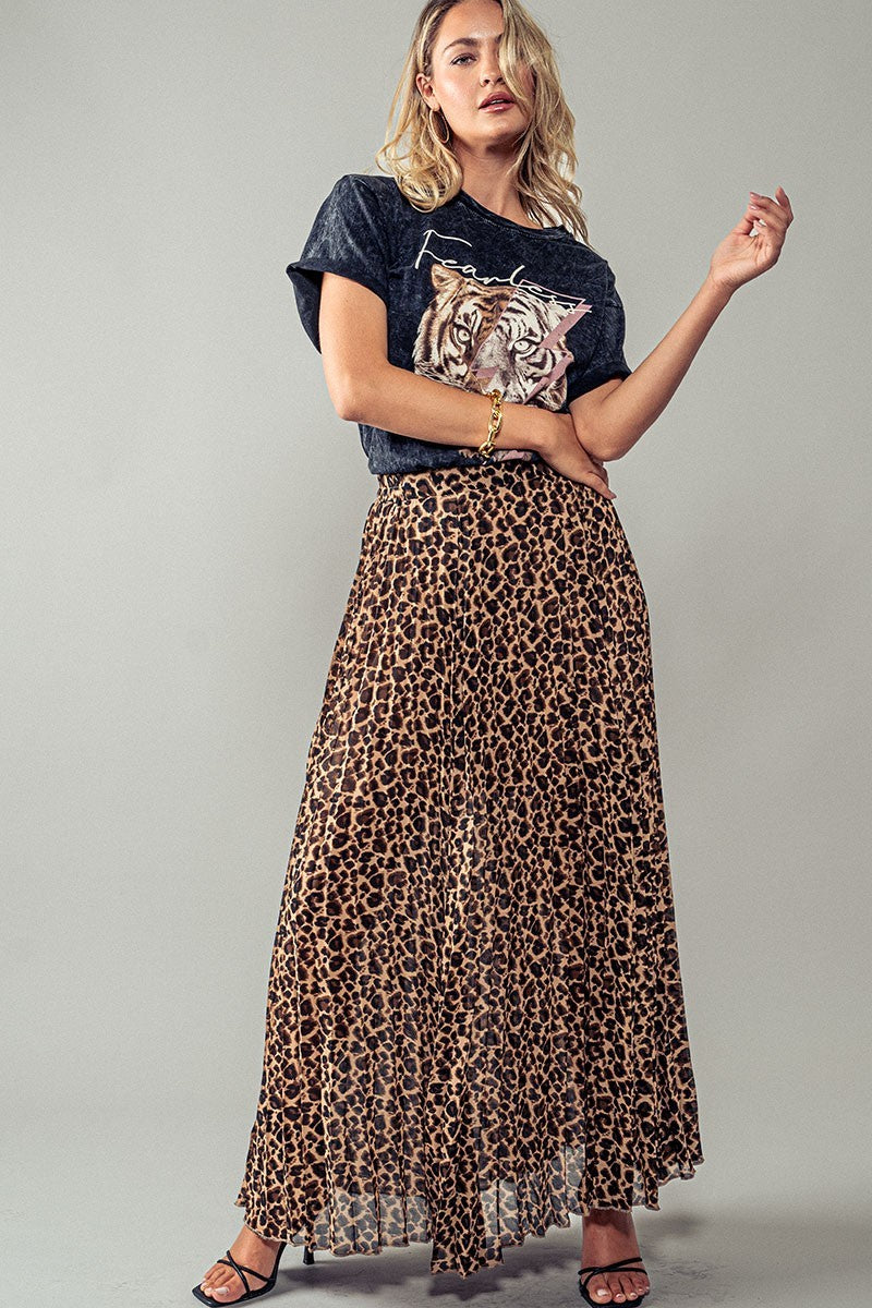 Pleated Leopard Maxi Skirt