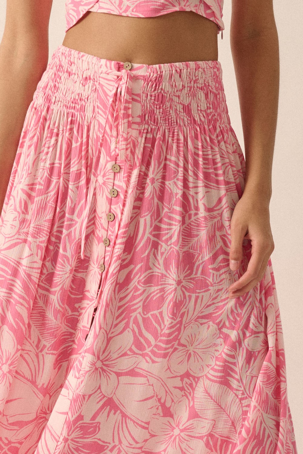 Floral Crepe Smocked High Waist Maxi Skirt