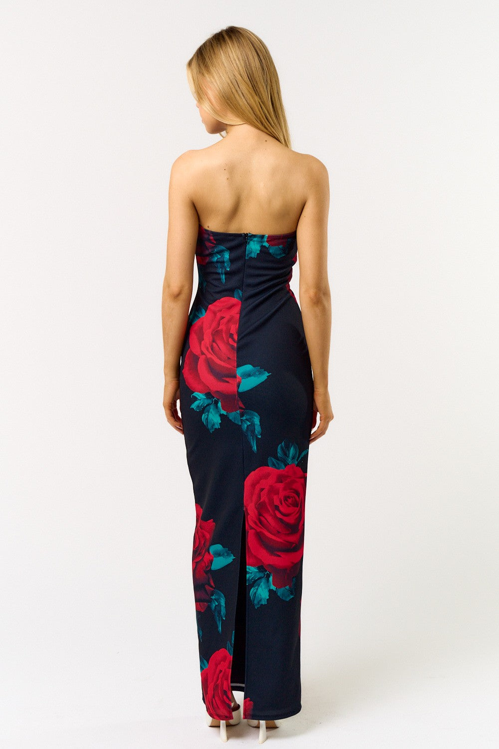 Rose Print Strapless Tube Maxi Dress