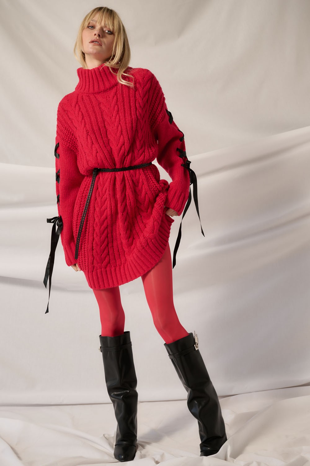 Ribbon Cableknit Sweater Dress