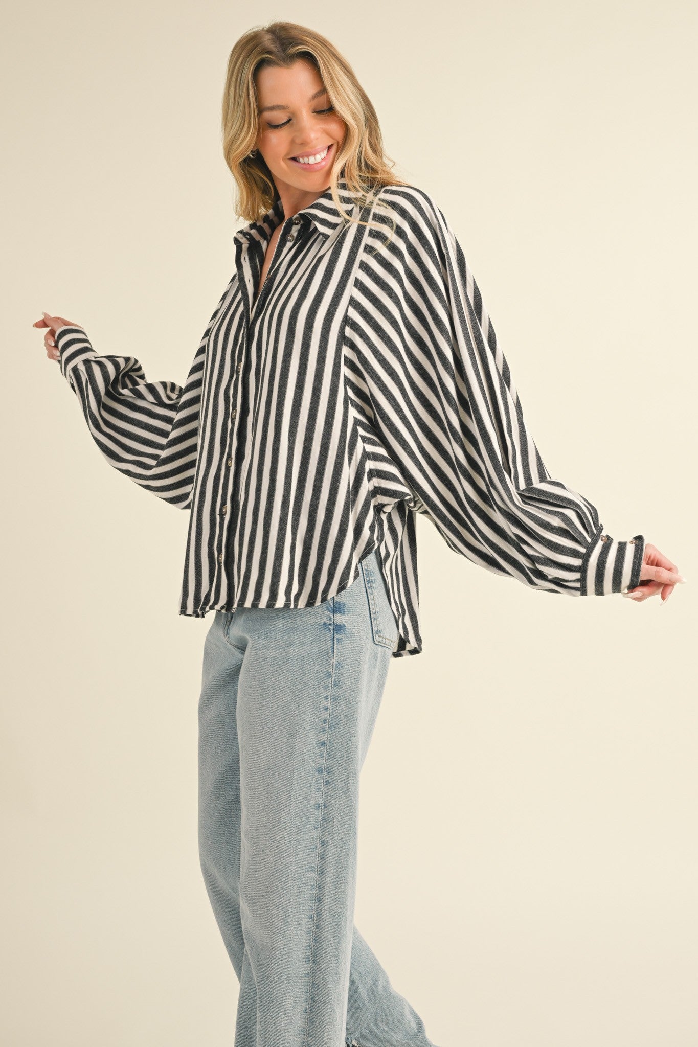 Striped Button Down Batwing Sleeve Top