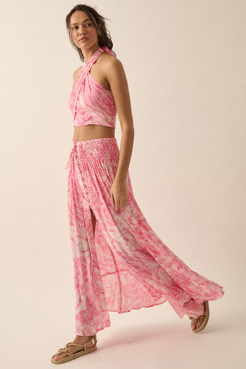 Floral Crepe Smocked High Waist Maxi Skirt