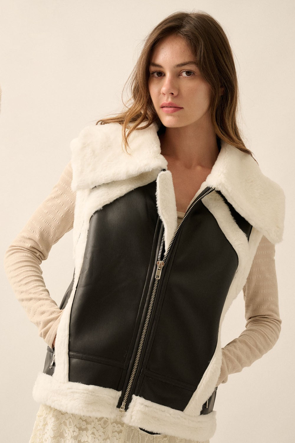 Faux Leather & Faux Fur Collared Vest