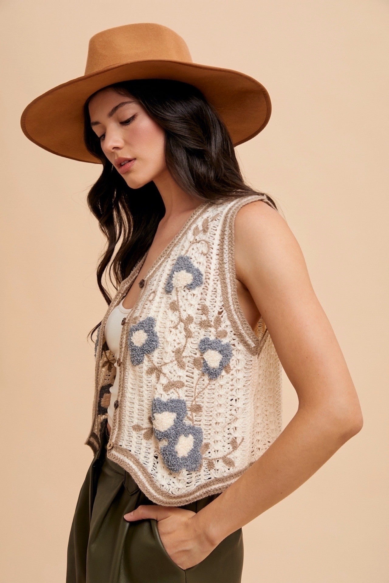 Floral Embo Patch Crochet Sweater Vest