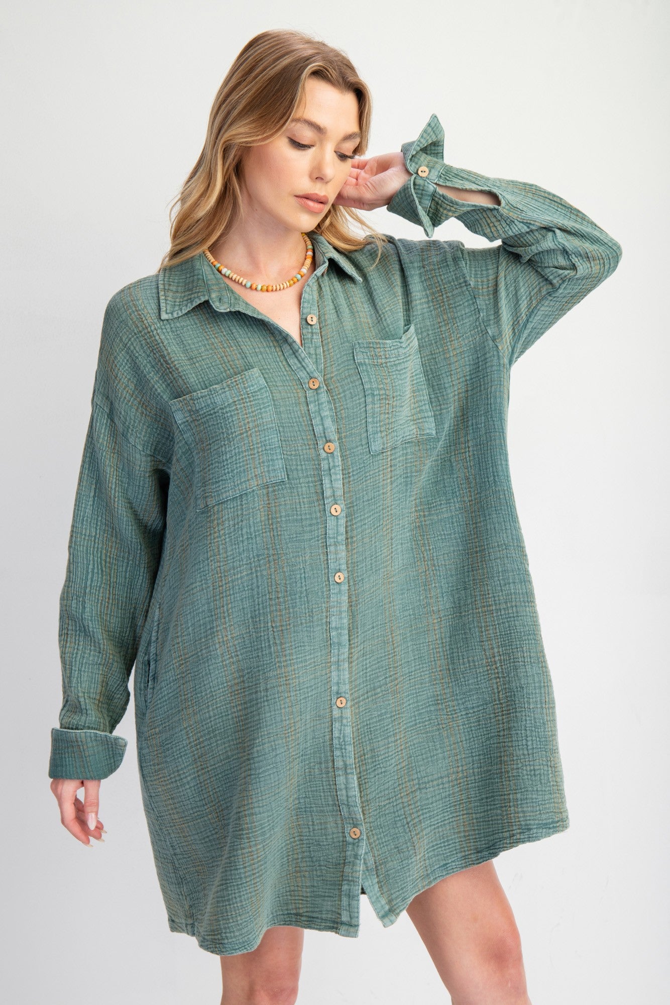 Plaid Mineral Washed Shirt Dress PLUS