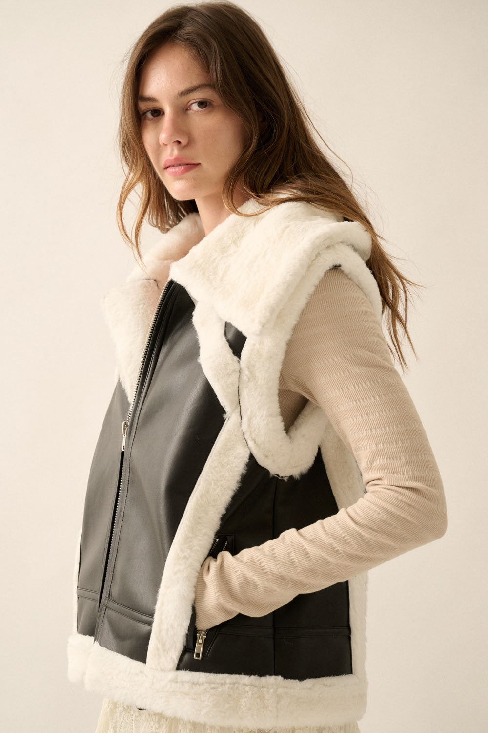 Faux Leather & Faux Fur Collared Vest