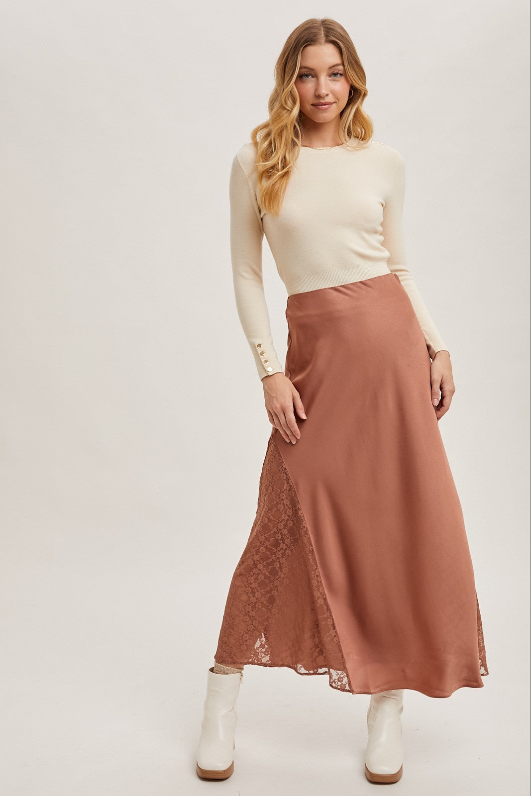 Lace Trimmed Satin Midi Skirt