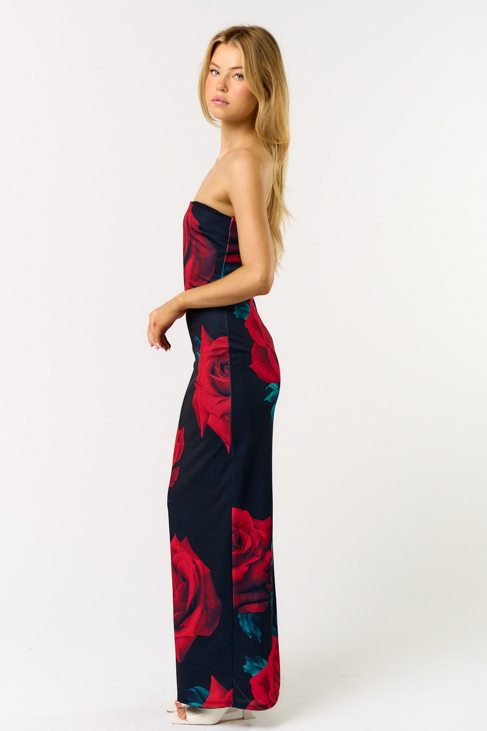 Rose Print Strapless Tube Maxi Dress