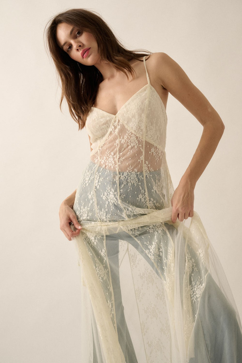 Sheer Lace Layering Maxi Dress