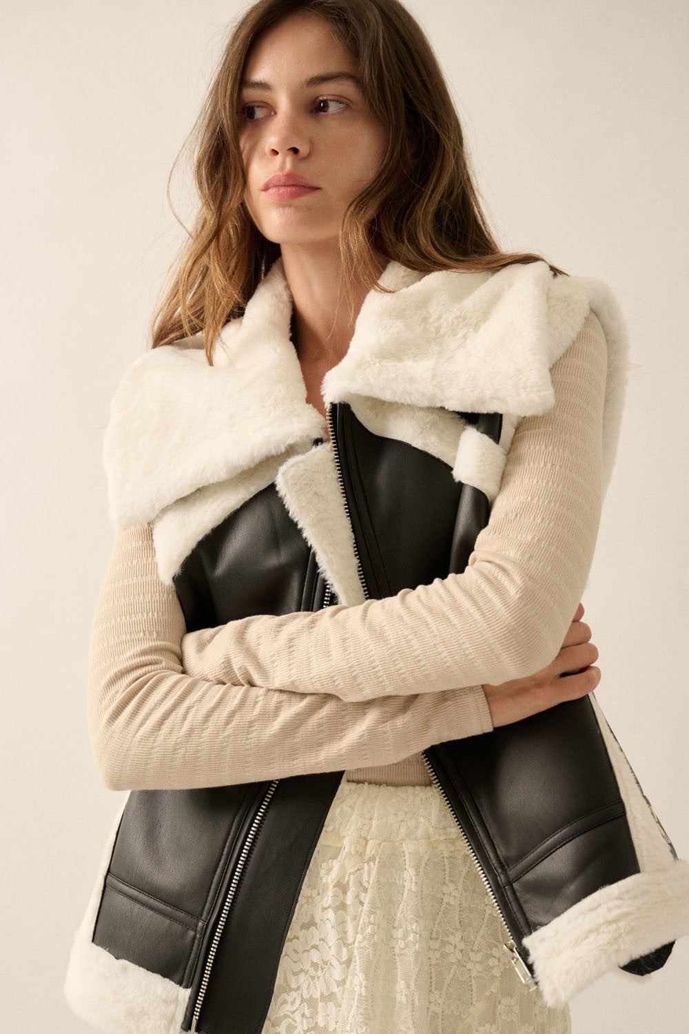 Faux Leather & Faux Fur Collared Vest