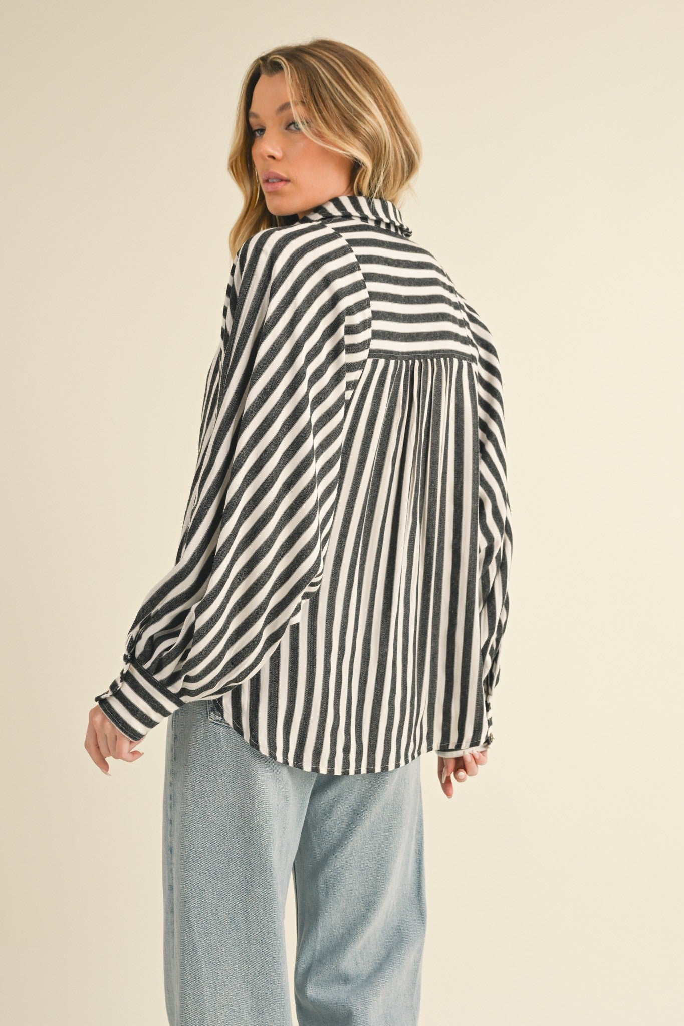 Striped Button Down Batwing Sleeve Top