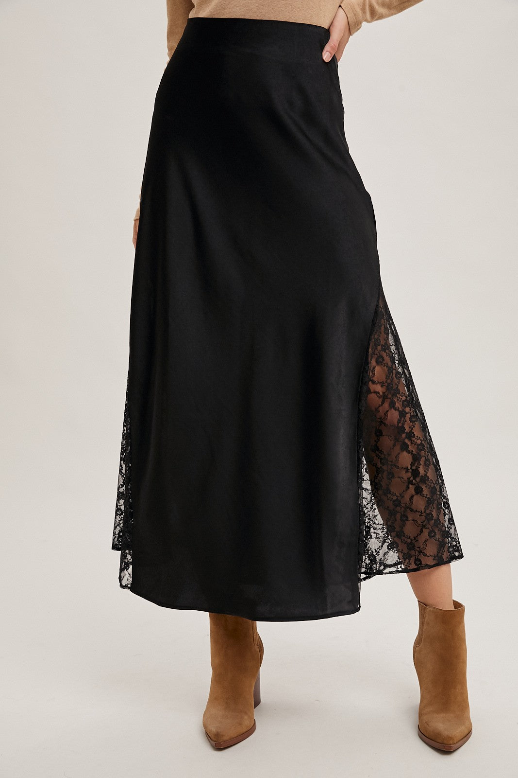 Lace Trimmed Satin Midi Skirt