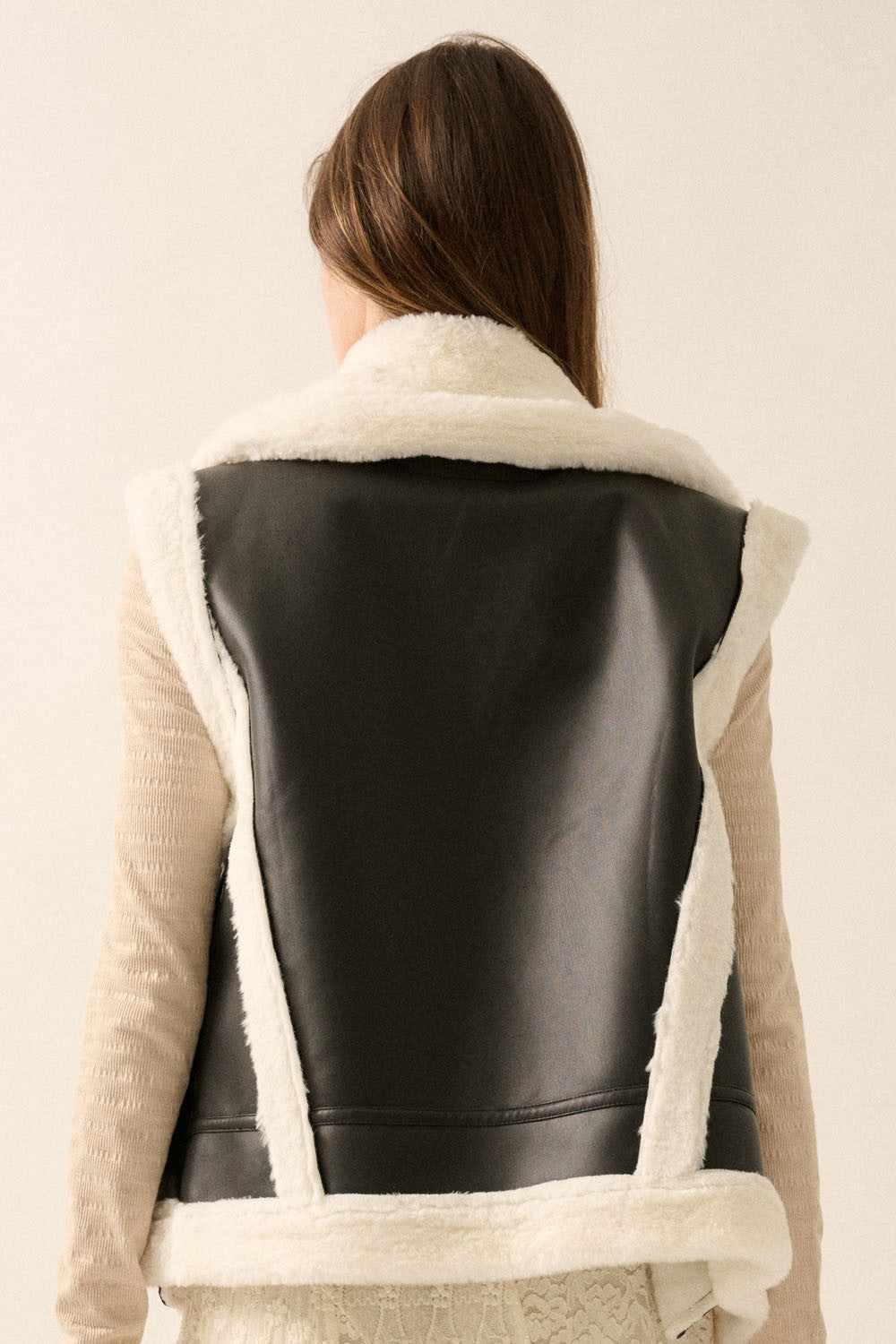 Faux Leather & Faux Fur Collared Vest