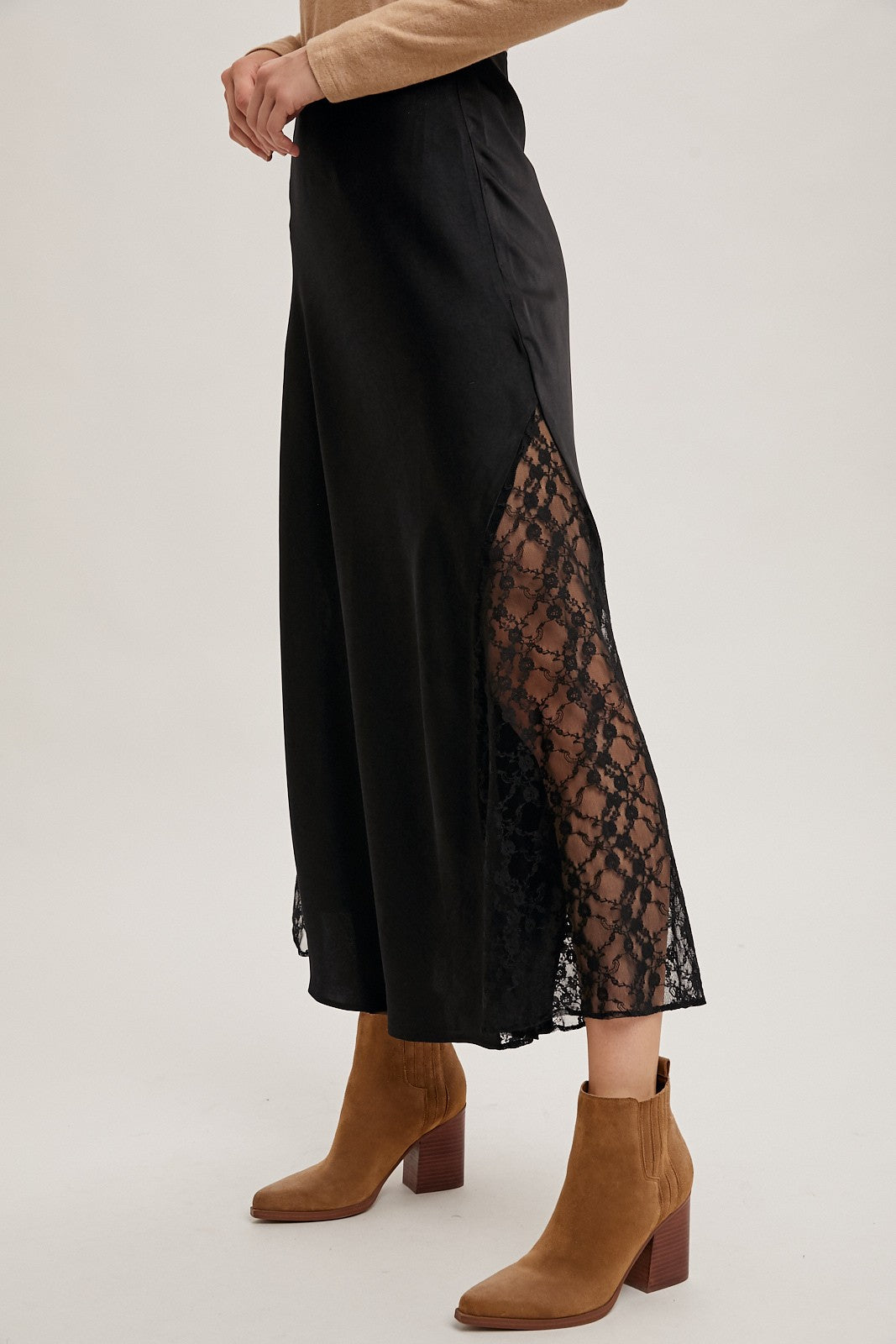 Lace Trimmed Satin Midi Skirt