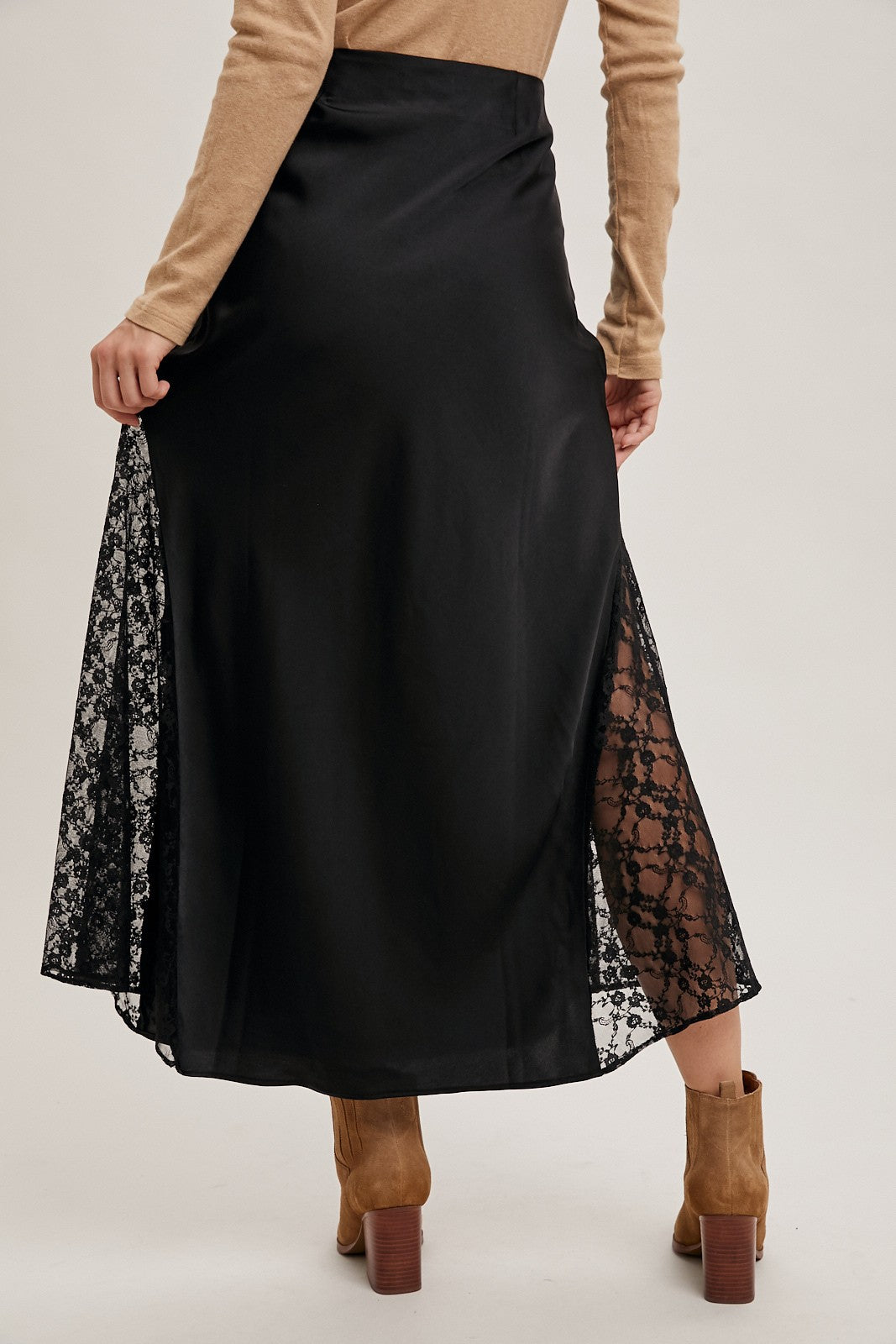 Lace Trimmed Satin Midi Skirt