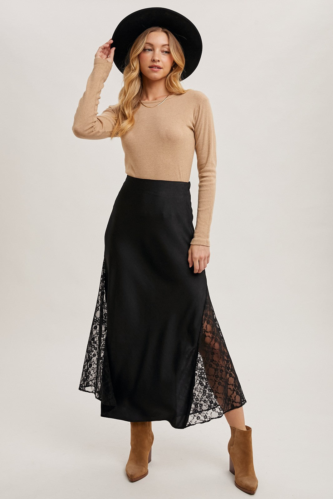 Lace Trimmed Satin Midi Skirt