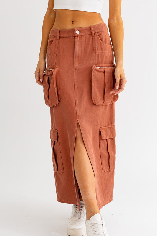 Mid Rise Utility Cargo Denim Maxi Skirt