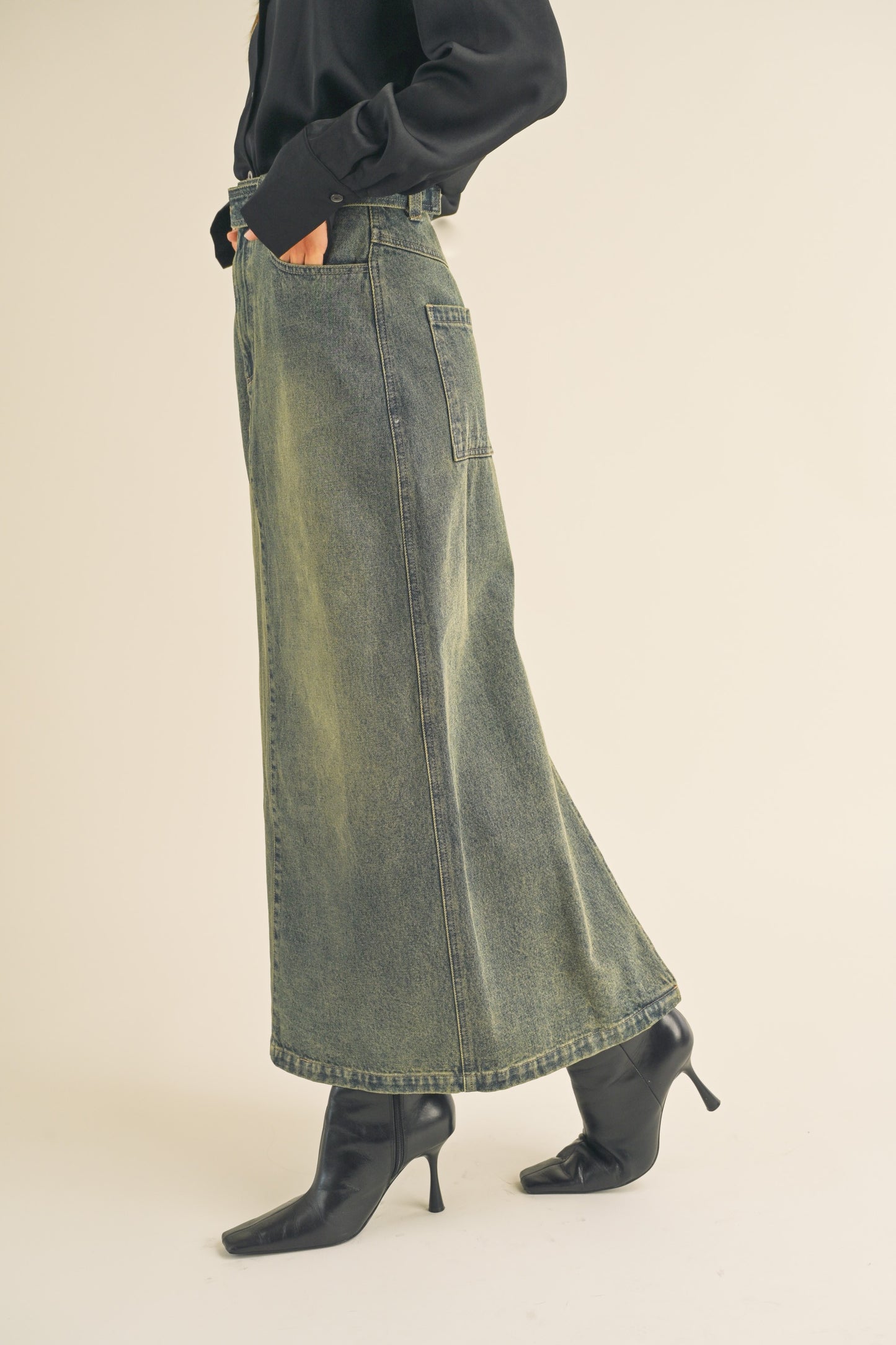 Vintage Wash Maxi Denim Skirt