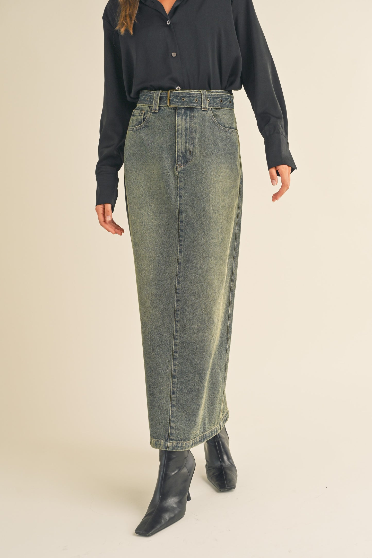 Vintage Wash Maxi Denim Skirt