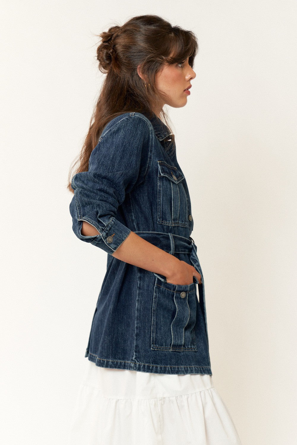 Double Pocket Tie Denim Jacket Top