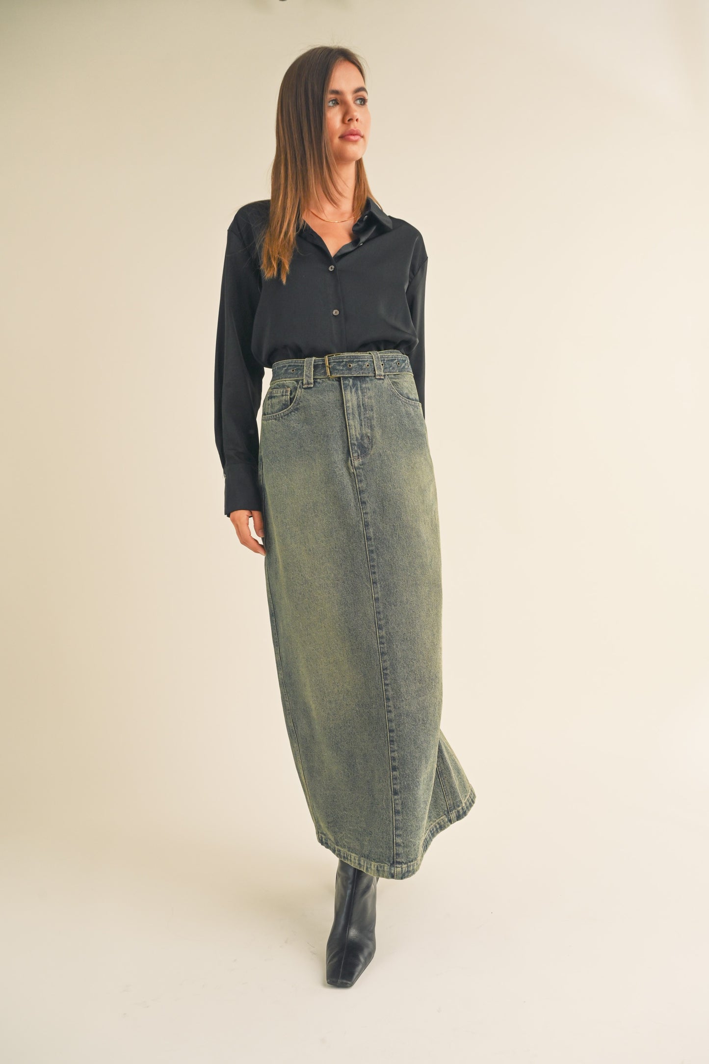 Vintage Wash Maxi Denim Skirt